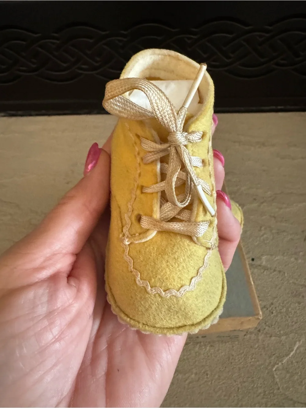 Vintage Baby Booties With original Box, Yellow Wool Lace-Up Booties So Sweet!